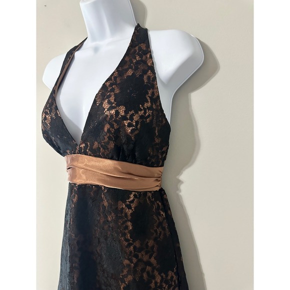 Bari Jay Black Bronze Lace Halter Neck Sheath Dress Size 8 Bow‎ Tie Back - Picture 3 of 8